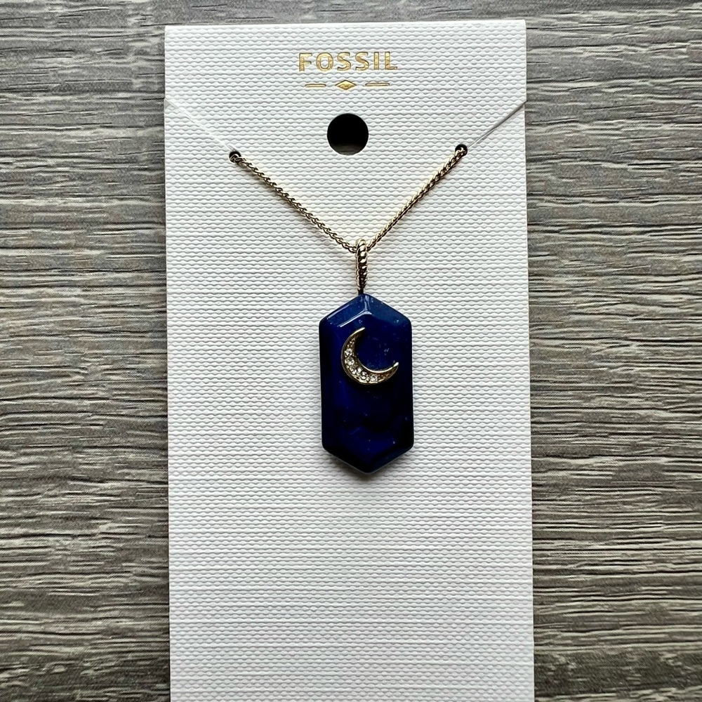 Fossil Navy Blue Hexagon Pendant Necklace with Gold Crescent